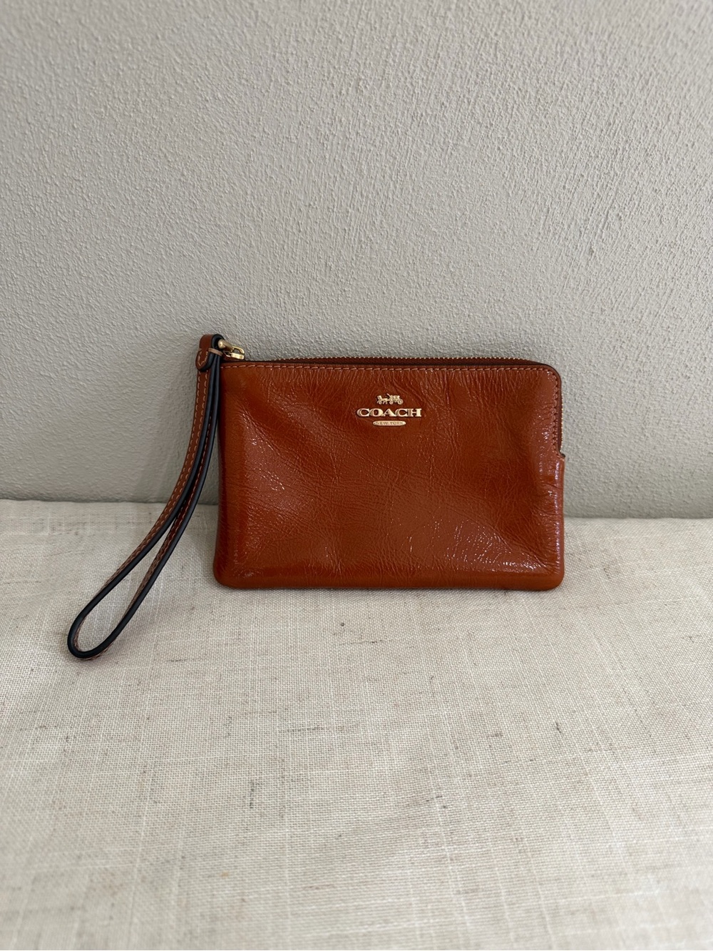 Coach Cinnamon Brown Leather Corner Zip Wristlet